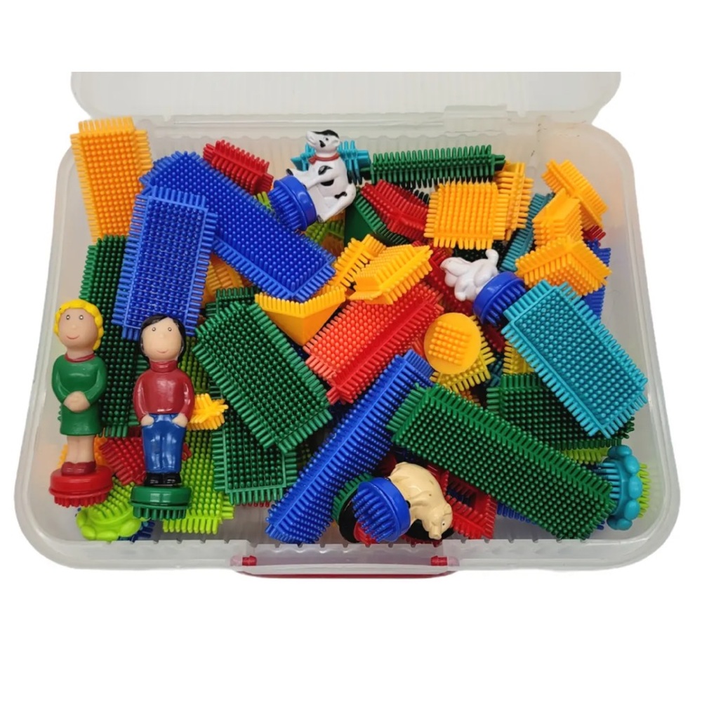 Bristle Blocks 90+ Mixed Assorted Building Pieces w/ Case Wheels People Animals